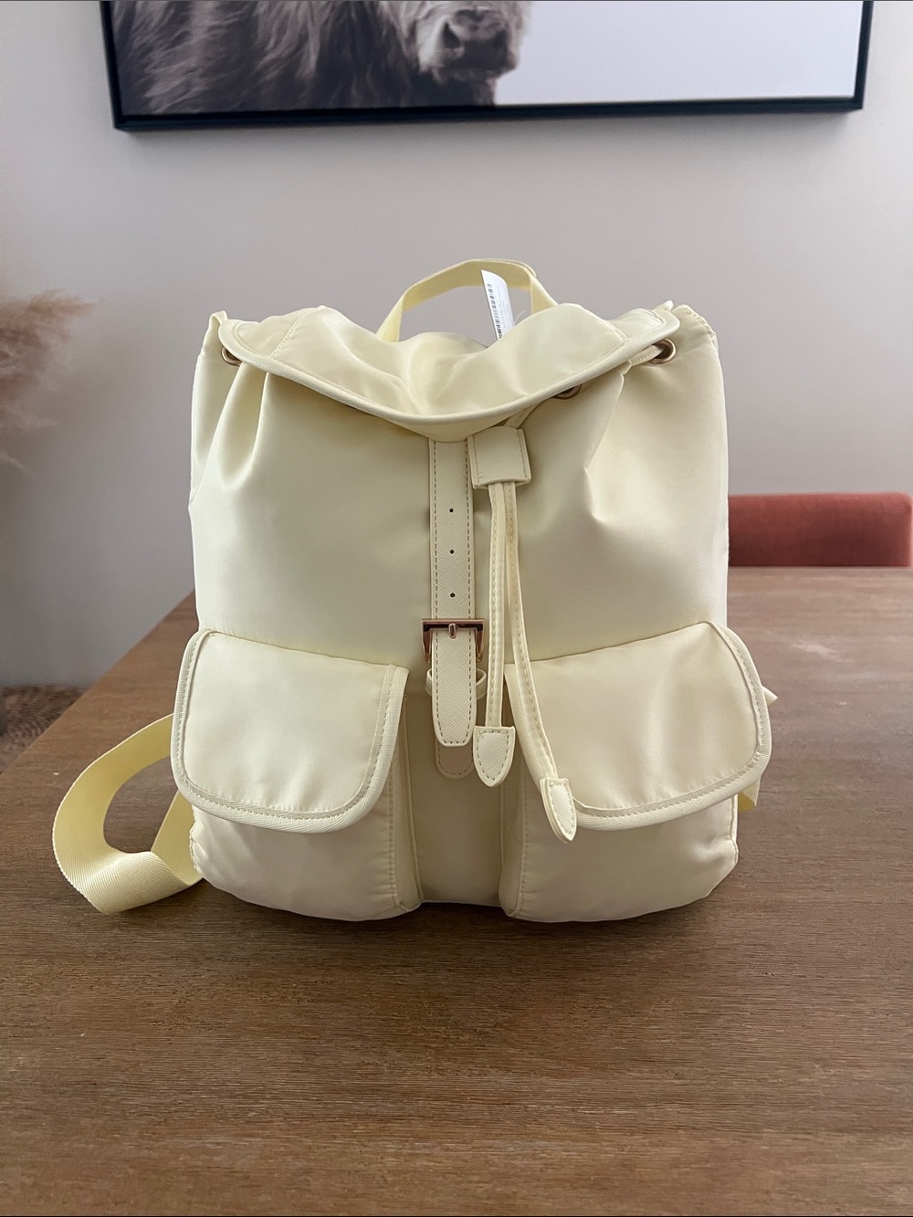 Year of Ours Cream Drawstring Backpack with Front Pockets